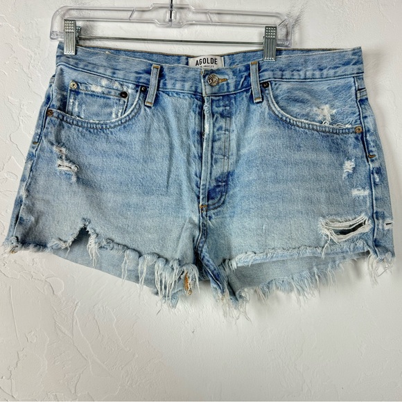 Agolde Shorts Denim Jean Light Wash‎ Blue Solid Parker Vintage Cut Off Swapmeet - Picture 1 of 7